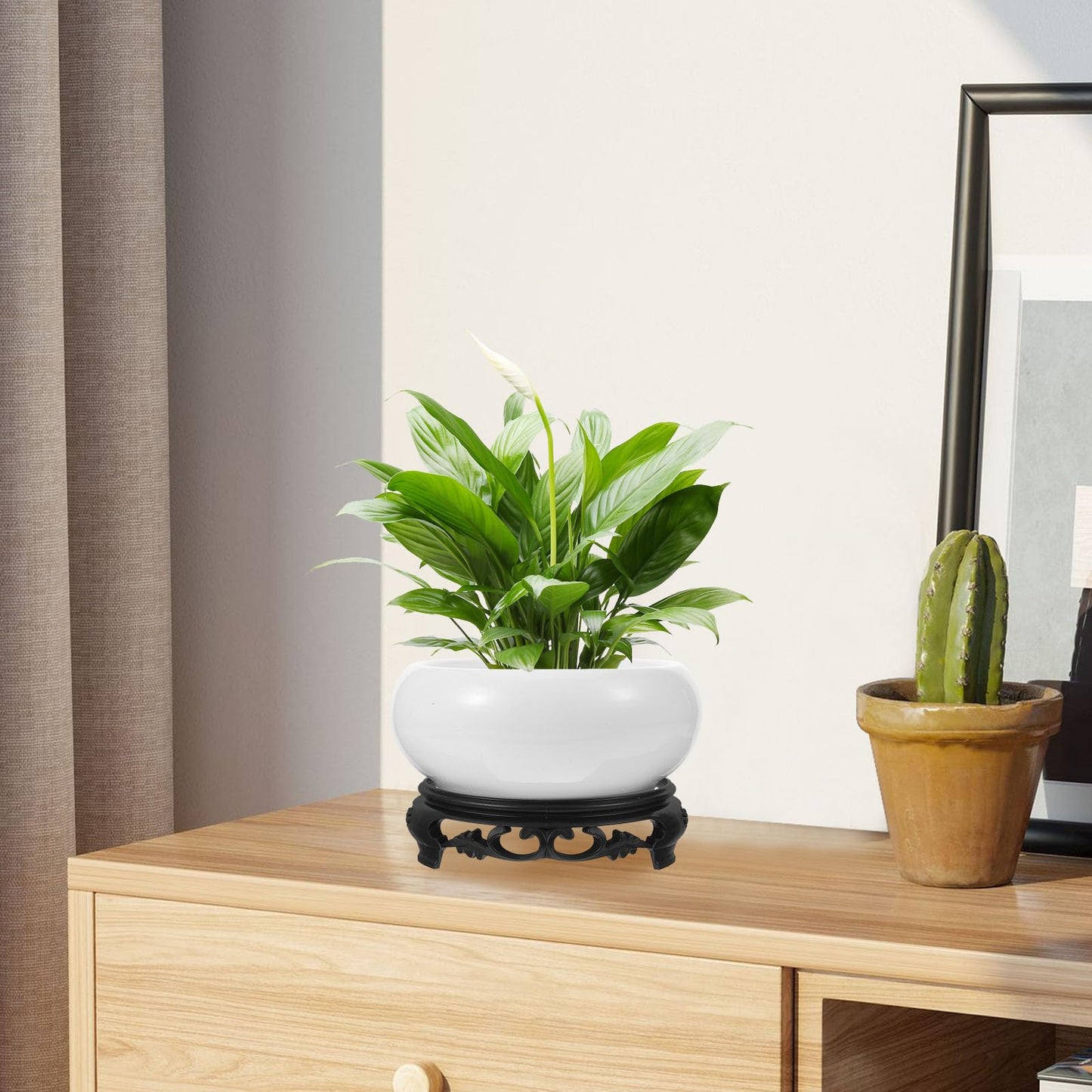 YARNOW Lotus Bowl Planter with Stand - 6.3 Inch White Ceramic Hydroponic Bowl for Water Lily, Daffodil & Bonsai - No Drainage Hole Decorative Indoor Plant Pot for Home Garden Office Zen Decor