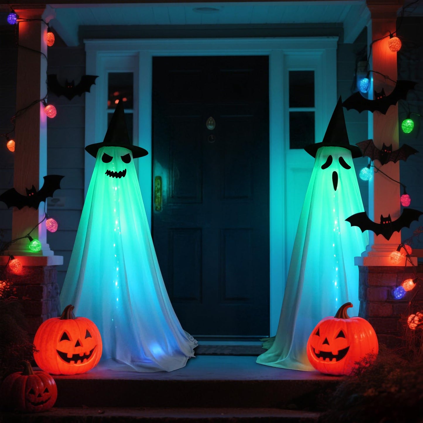 VZQI Halloween Ghost Decorations with LED Lights 2-Pack Indoor Outdoor Spooky Witch Hat Decor for Front Porch Yard Garden