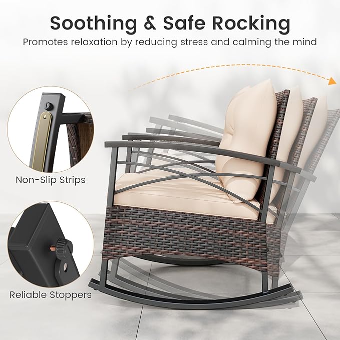 Tangkula 3 Pieces Outdoor Rocking Chairs Set, Rattan Heavy Duty Cushioned