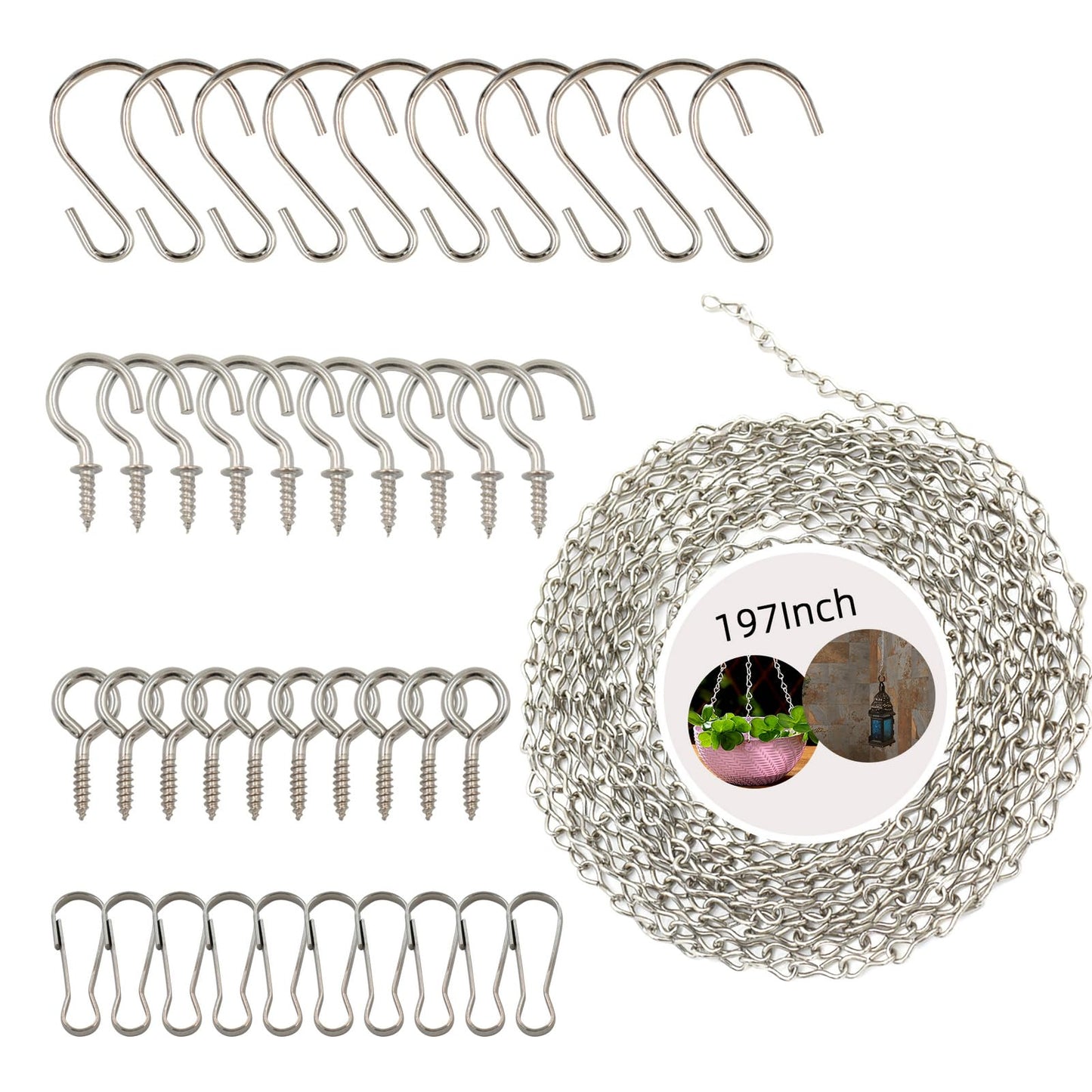 YINGFENG 197 Inch DIY Silver Hanging Basket Chains, Adjustable Length, Decorative Metal Chain with Hooks for Hanging Bird Feeders, Planters, Ornaments