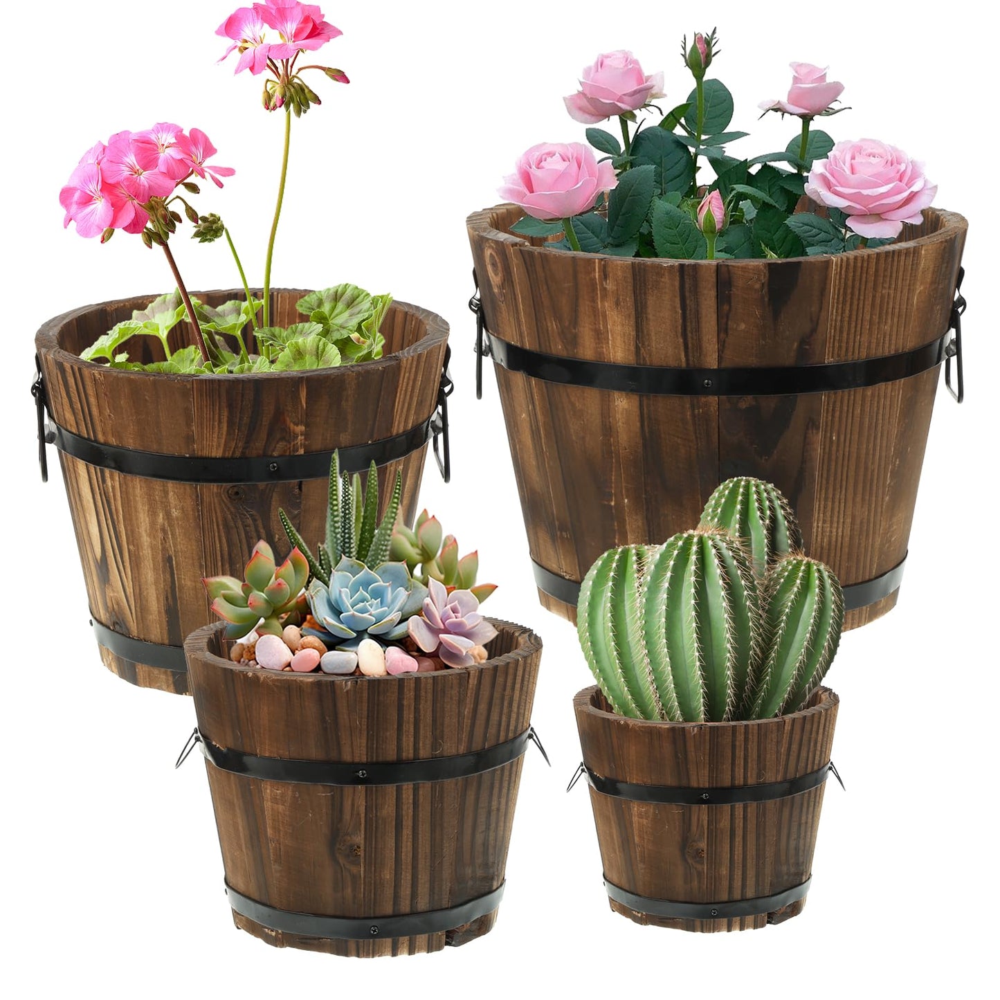 Hlimior 4 Pcs Wooden Whiskey Barrel Planters, Wooden Flower Planters Pots Boxes with Metal Handles 4 Sizes Planting Wood Buckets Christmas Tree Pot for Indoor Outdoor Garden Home Plants