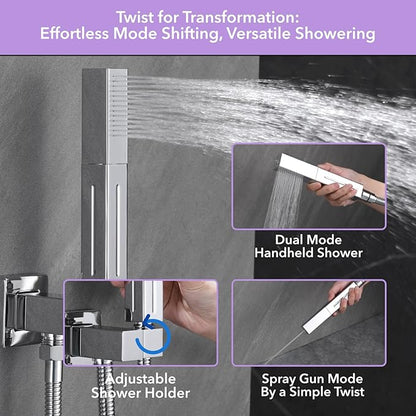 VANFOXLE Shower Faucet Set Chrome Shower System, Push Button Diverter Shower Faucet with Trim Kit, Ceiling Mount 10 Inch Shower Head Increased Thick, 6 Inch Side Shower Head, 2-in-1 Handheld