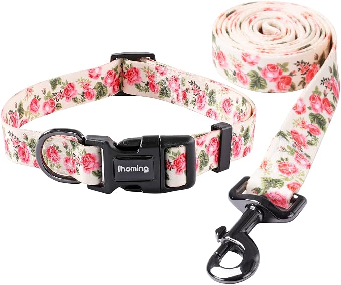 Ihoming Dog Collar and Leash Set for Daily Outdoor Walking Running Training, Pink Flowers Design for Medium Boys Girls Dogs Cats Pets, M-Up to 45LBS