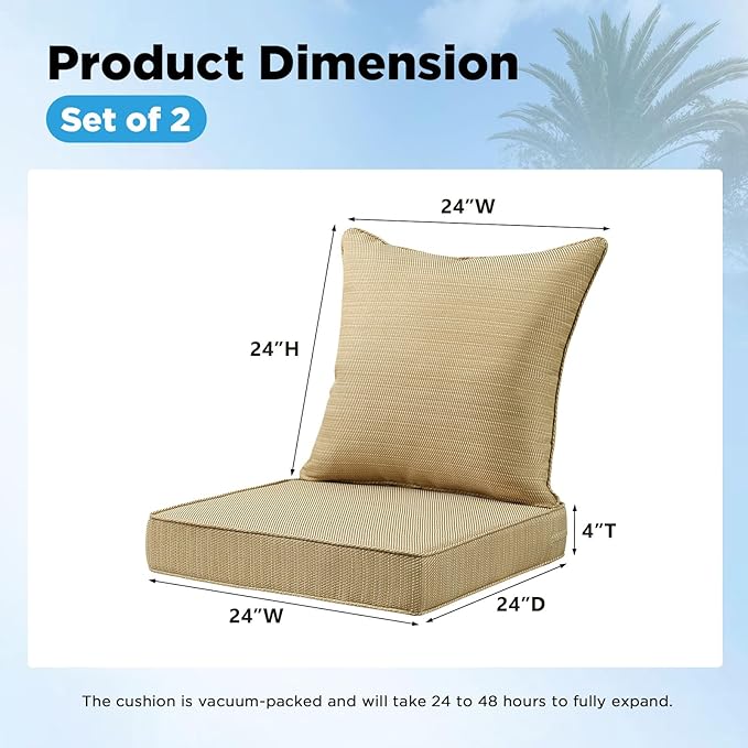 Outdoor Deep Seat & Back Cushion Set, 24 x 24 Inch Water Repellent and Fade