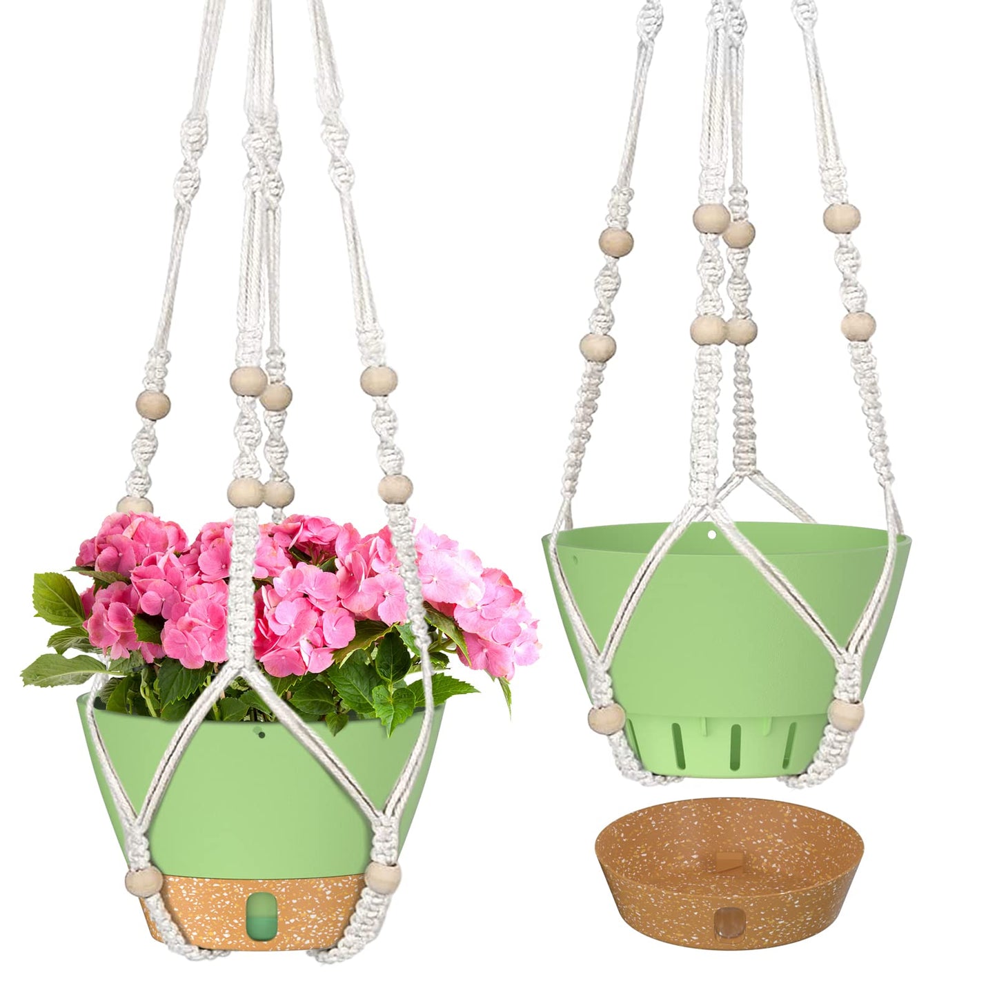 ZMTECH 2 Pack 10 Inch Hanging Planters with Macrame Plant Hanger for Indoor and Outdoor Plants, Self Watering, Drainage Hole, Visible Level Tray, Green