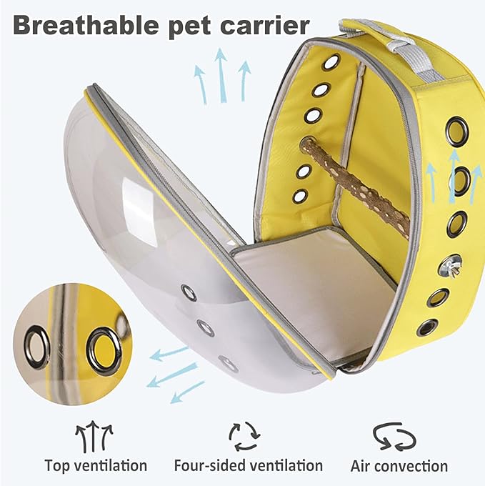 Bird Carrier Backpack with Wood Perch, Transparent Bird Travel Cage, Portable Pet Carrier Backpack, Breathable Hangbag for Vet Transport Camping Hiking (Yellow)