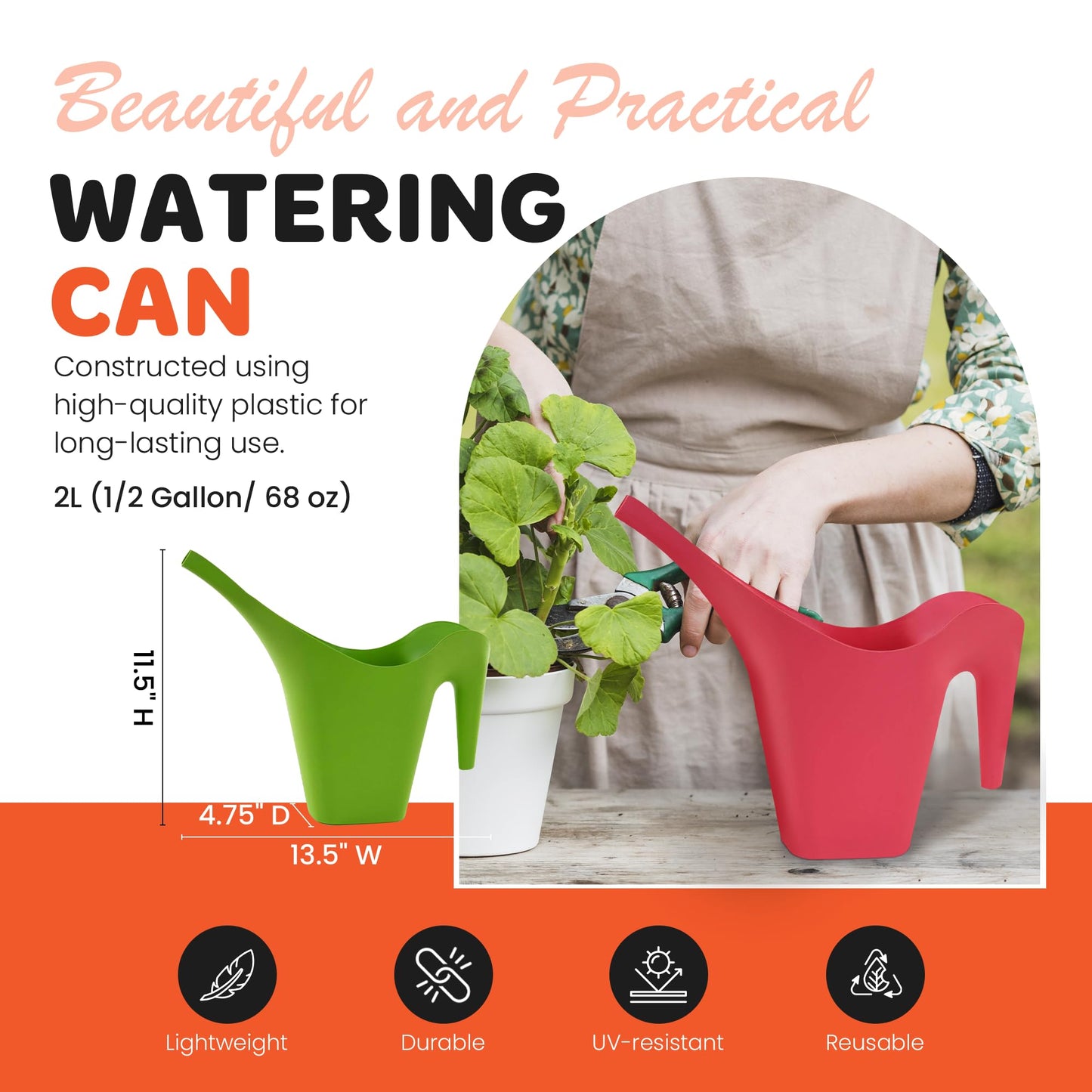 Mintra 1/2 Gallon Plant Watering Can, Long Spout Plastic Water Pitcher for Indoor & Outdoor Use, Durable & Lightweight Water Can for Watering Flowers & Potted Plants, 1 Pack, 2L/68 oz – White
