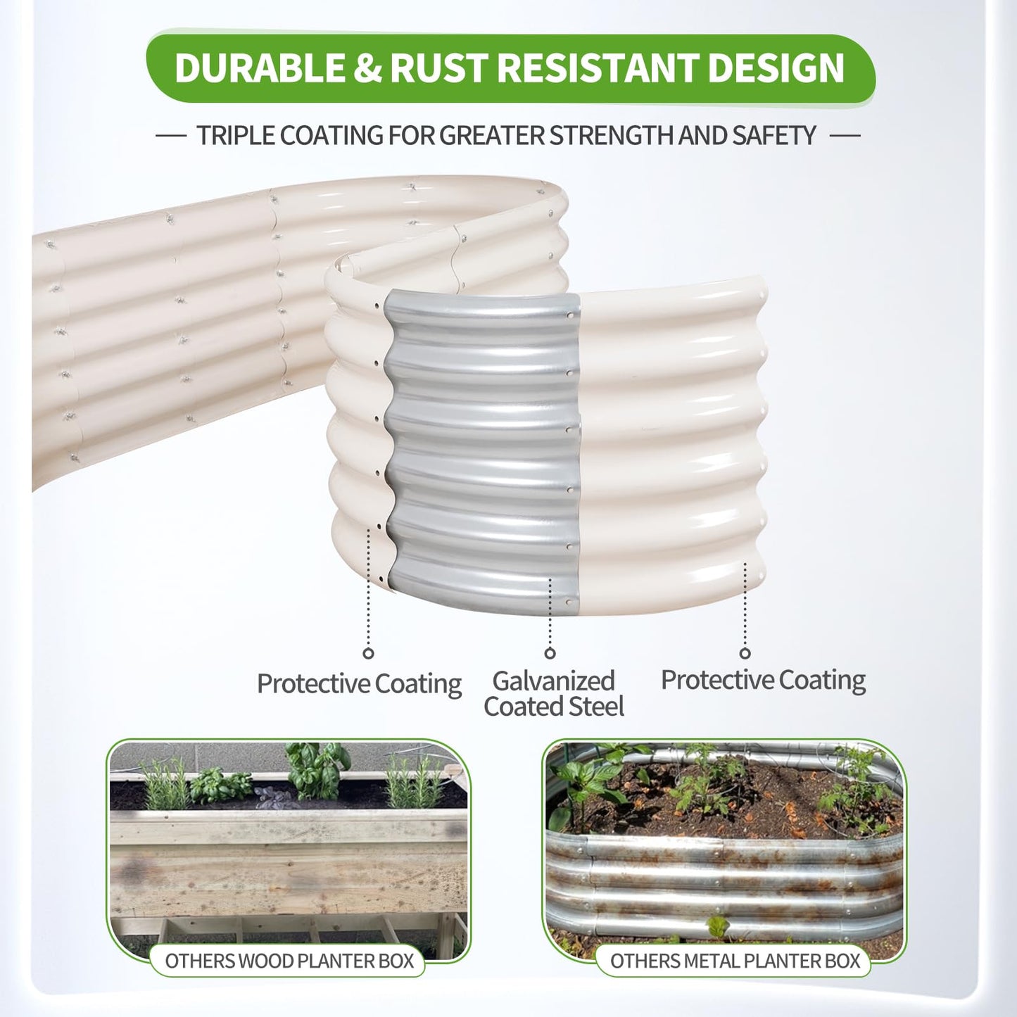 Permade Galvanized Raised Garden Bed - 4x2x1.4FT Metal Planter Boxes Outdoor | Oval Steel Raised Bed Kit for Gardening with Protective Tape, Gloves for Vegetables, Flower, Herb (White)
