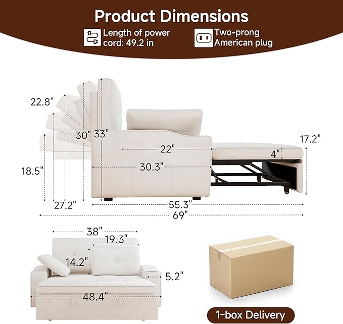 Loveseat Sofa Bed, 3-in-1 Convertible Sleeper Sofa, Chenille Fabric Pull Out