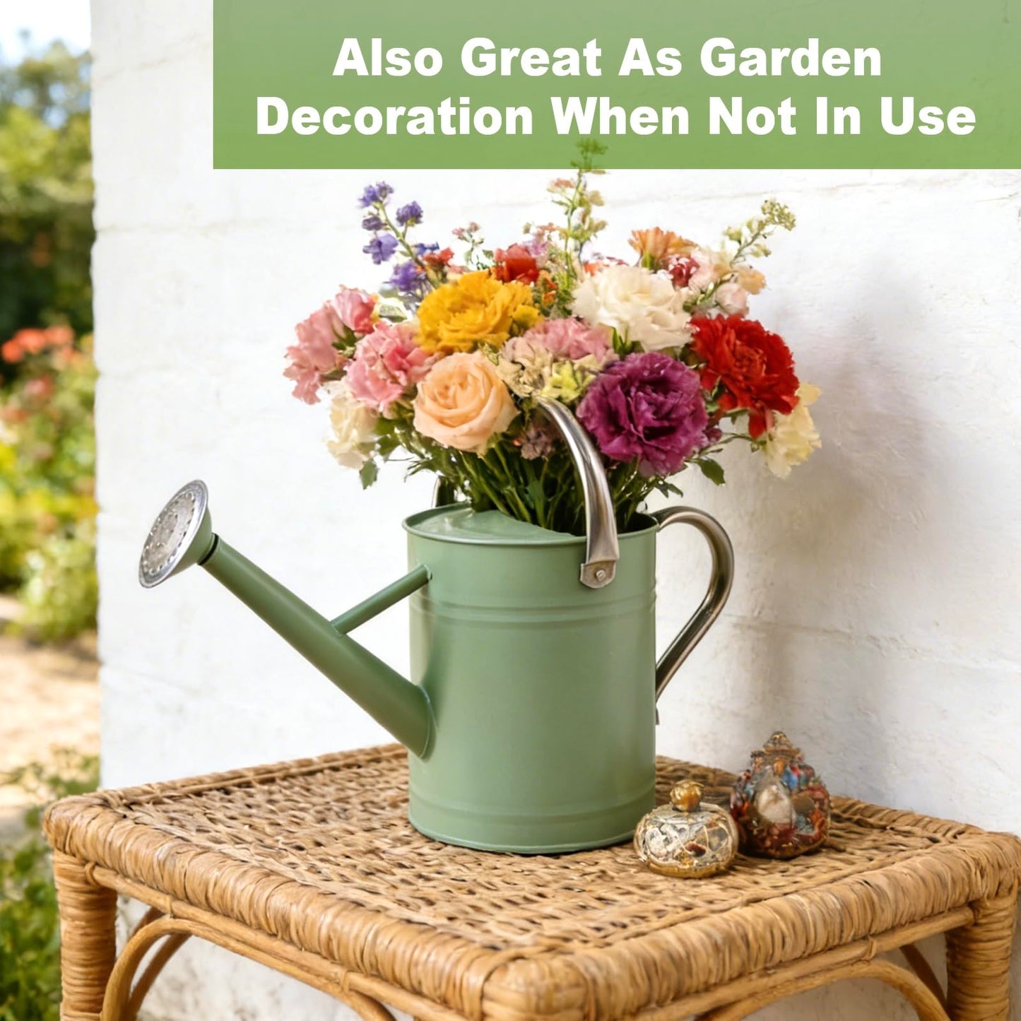 Watering Can for Outdoor&Indoor Plants，1 Gallon Metal Watering Can with with Removable Spout，Galvanized Steel Garden Flower Water Can Plant Watering Pot with 2 Stainless Steel Handles，Cream Green