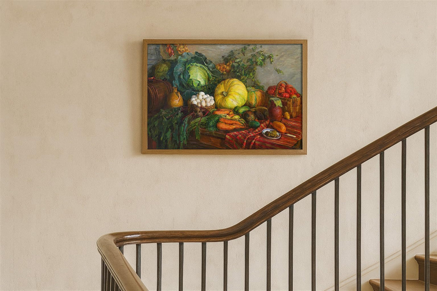 Rustic Harvest Still Life Wall Art Vintage Oil Painting Reproduction with Pumpkin, Cabbage, Carrots & Basket for kitchens, dining rooms, farmhouse cabins, restaurants, or rustic cafés that embrace a vintage countryside theme (12" x 18"-UNFRAMED)