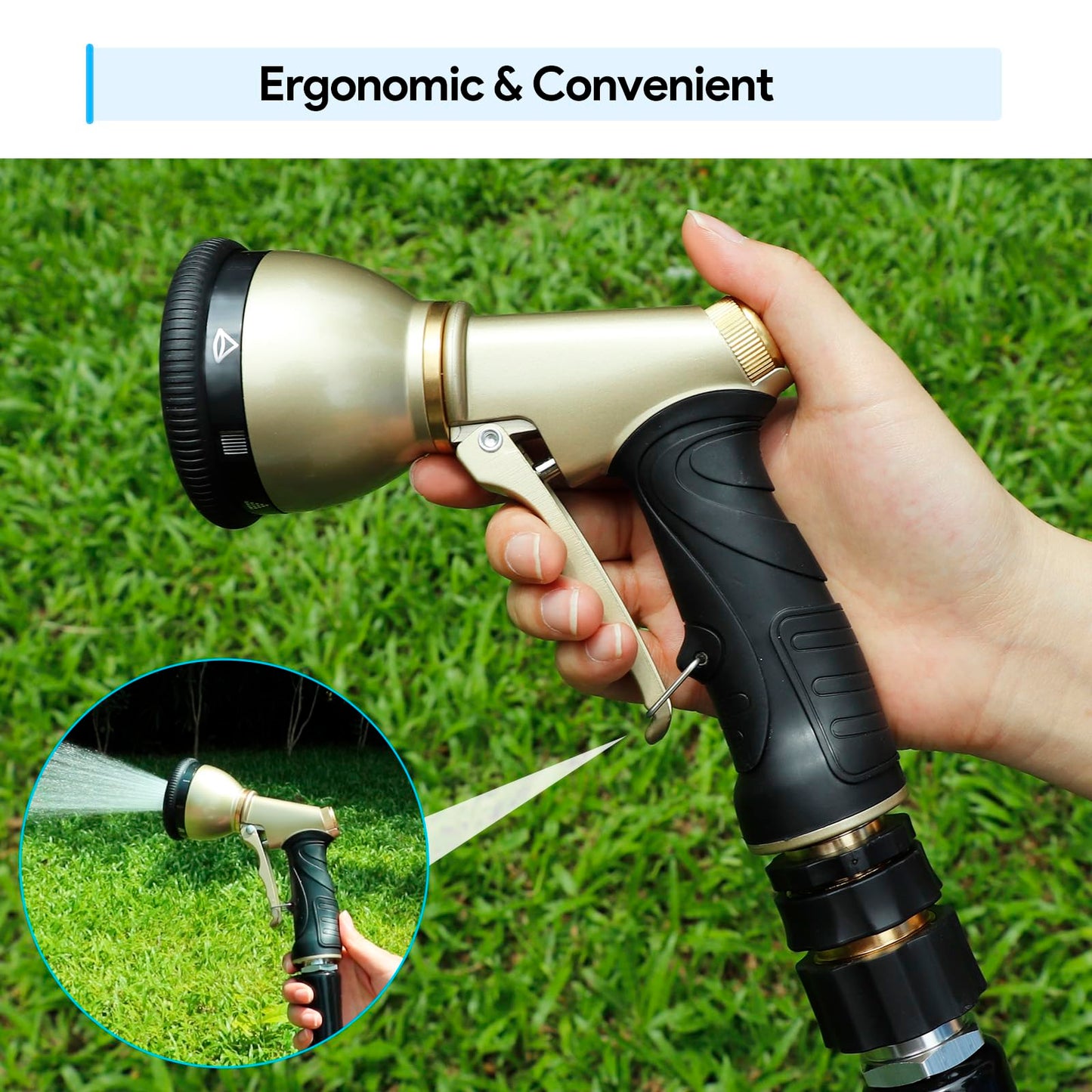 Qxiaozhan Heavy Duty Hose Nozzle, 9-IN-1 Spray Patterns, Spray Nozzles for Garden Hose with Metal Trigger & Lock Bar, 3/4" Thread & Connection Adapter, Suit for Watering Plants, Lawn, Car, Outdoor Pet