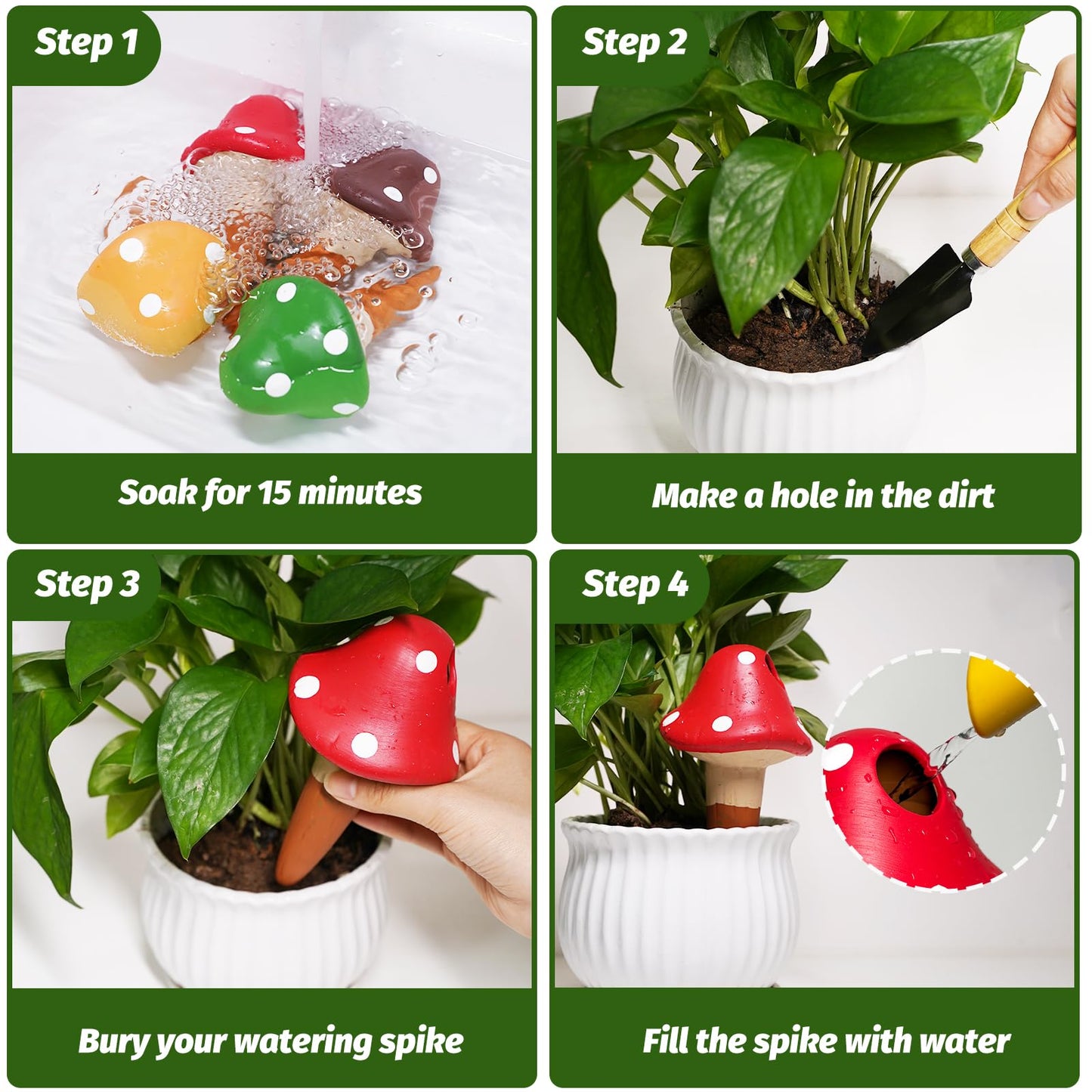 SUNGARDERY Terracotta Self Watering Spikes, 4 Pack Mushroom Self Watering Planter Insert, Vacation Plant Slow Release Watering Devices for Indoor Outdoor Plants, Colorful Large Water Globes