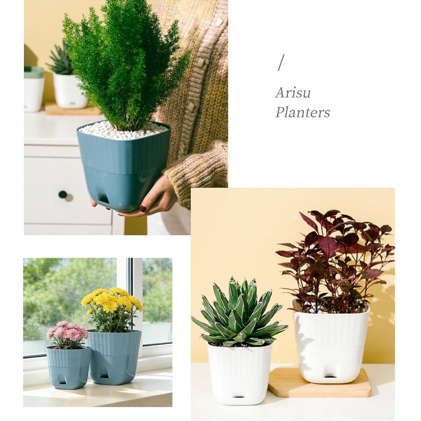 Gidary White Plastic Plant Pots, 6/4.7 Inch 2 Pack, Modern Planters with Drainage Holes and Trays for Indoor Plants, Succulents, Orchids, Herbs