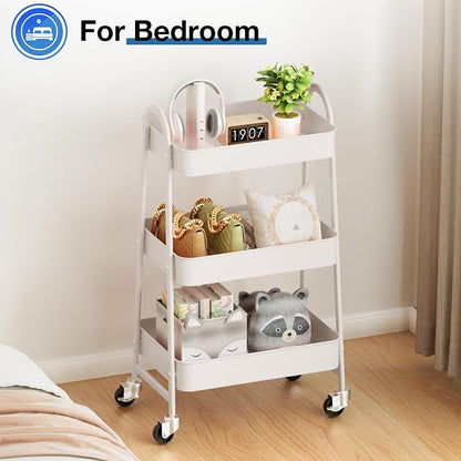 OLIXIS Metal Utility Cart, Mobile Rolling Storage Shelf with Lockable Caster Wheels, Organization for Livingroom, Bathroom & Narrow Places, 3 Tiers White