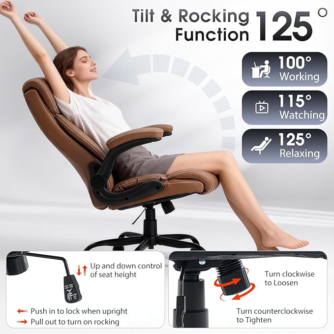 High Back Office Chair with Flip-up Armrests, Leather Comfy Desk Chair with