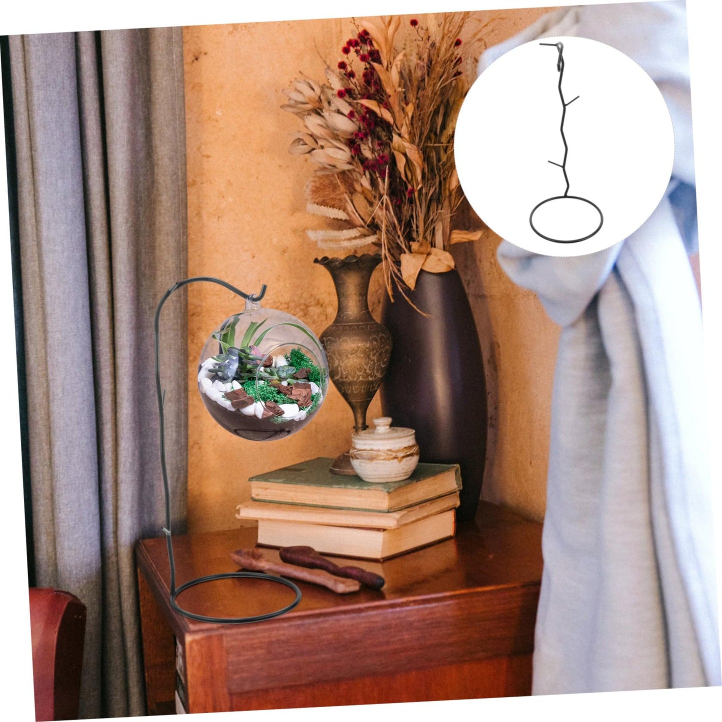 Toyvian Decorative Hanging Rack for Air Plants Black Glass Terrarium Holder with Hook for Home and Office Decor Pothook Stand for Flowers and Succulents Unique Micro Landscape