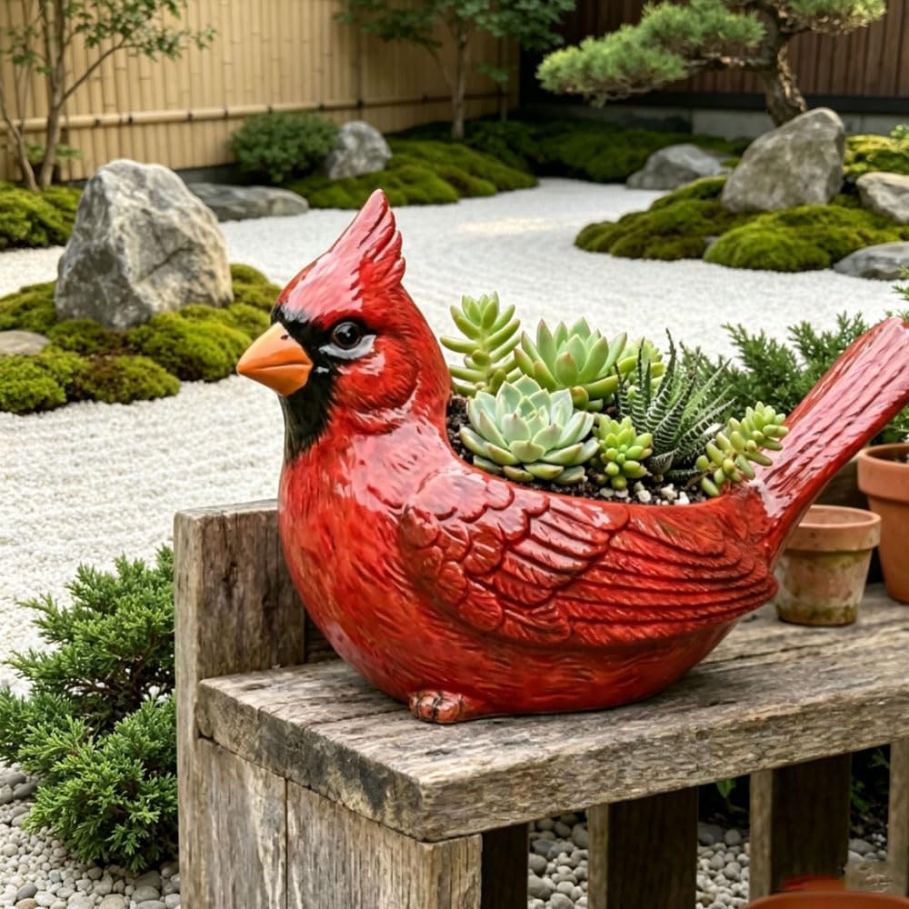 Cardinal Bird Succulent Planter, Resin Red Birds Plant Pot with Drainage Hole, Cardinal Flower Pot Decor for Indoor Outdoor Plants (A#)