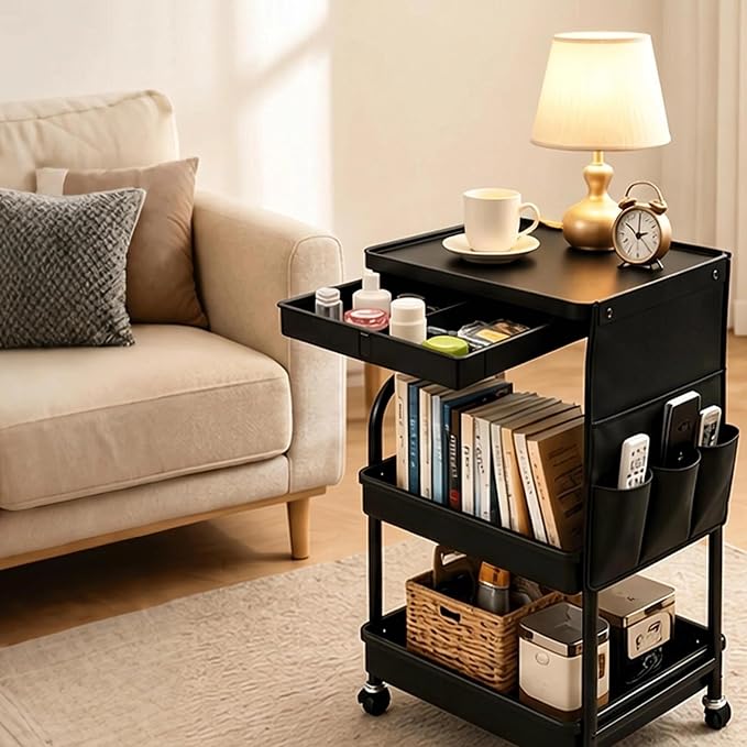 BLULEE 3-Tier Rolling Storage Cart with Pull-Out Drawer & Side Organizer | Heavy-Duty Carbon Steel Utility Cart with Lockable Wheels, Mobile Organizer Rack for Bathroom, Makeup, Nursery & Kitchen