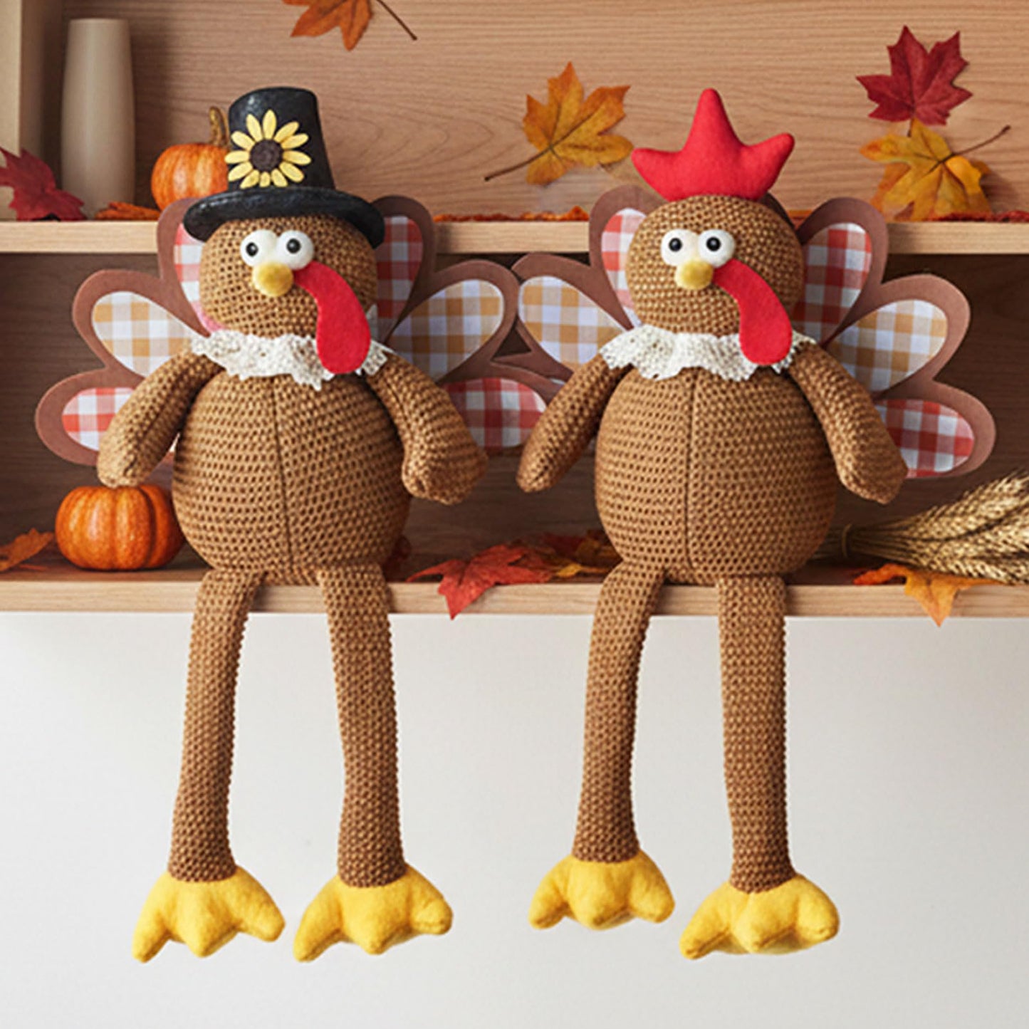 MWDJPXY Christmas Decorations Set of 2 Turkeys with Dangling Legs, Turkey Couple Doll Plush Kit Tabletop Centerpieces for Fall Harvest Home Decor Kitchen Shelf (Brown)