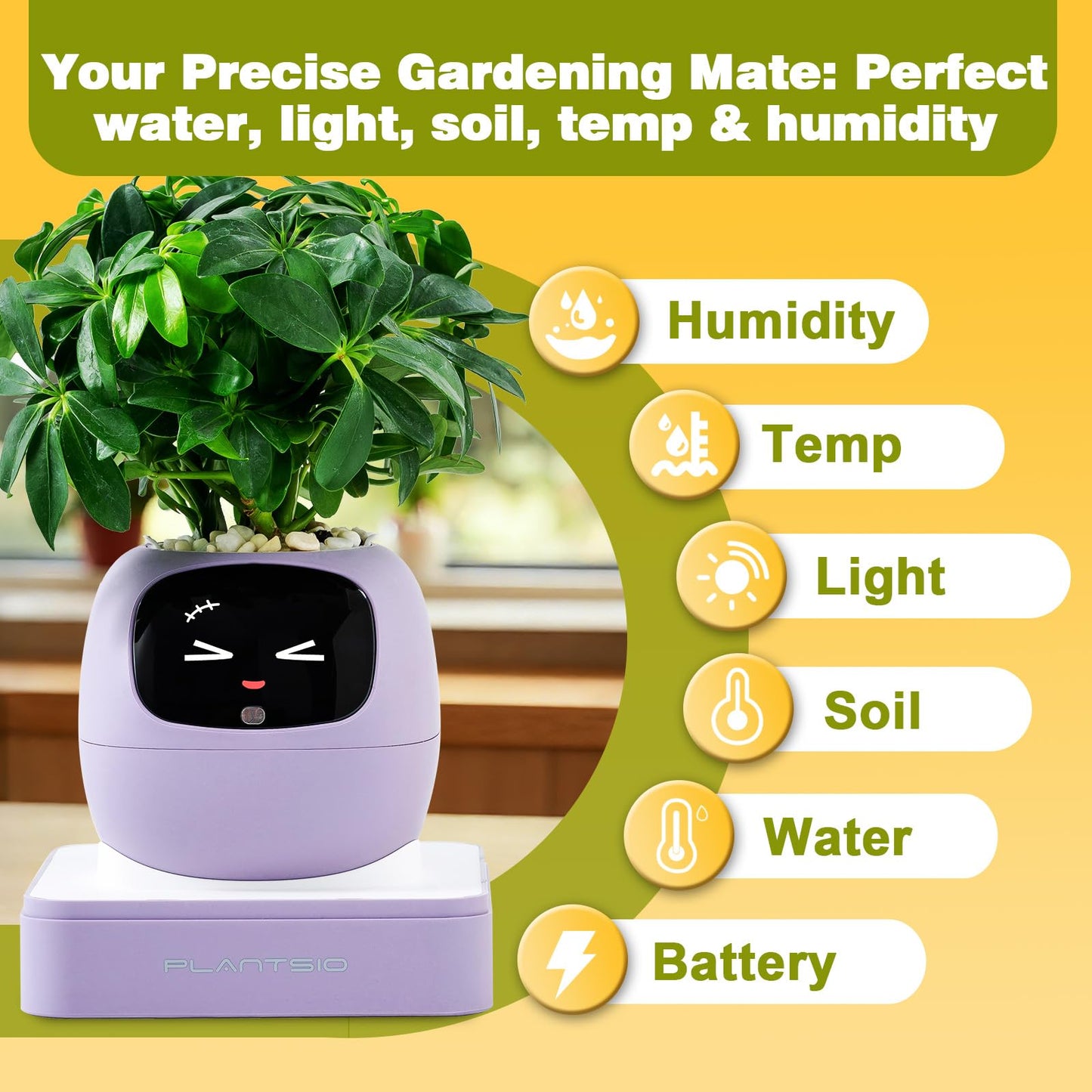Smart Plant Pot with Visual Display – Soil Moisture, Water Level, Light & Battery Monitor, 80ml Self-Watering Reservoir, Supports 100+ Plants, Pomodoro Timer, Clock & Calendar-Purple
