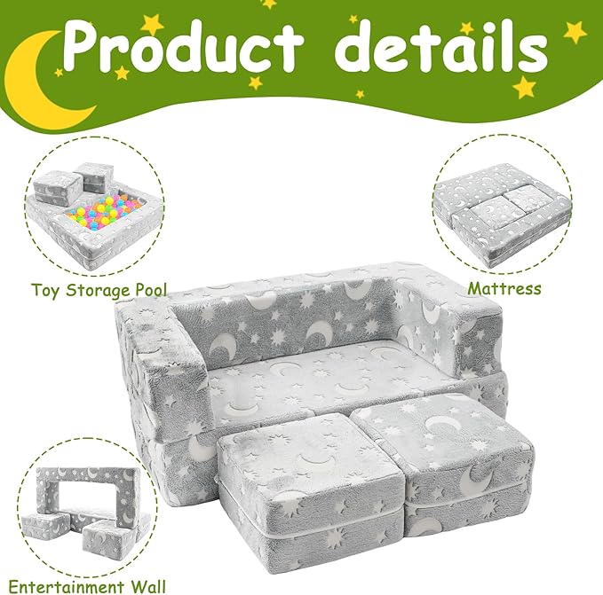 Kids Couch, Dark Grey | Glow-in-The-Dark, Chair Seat, Playroom Furniture