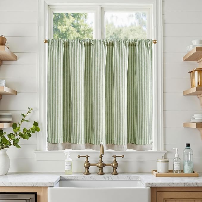 jinchan Double Layer Striped Linen Kitchen Tier Curtain Rustic Cafe for Living Room Bathroom Half Window Curtain Light Filtering Rod Pocket 1 Panel 36 Inch Sage Green