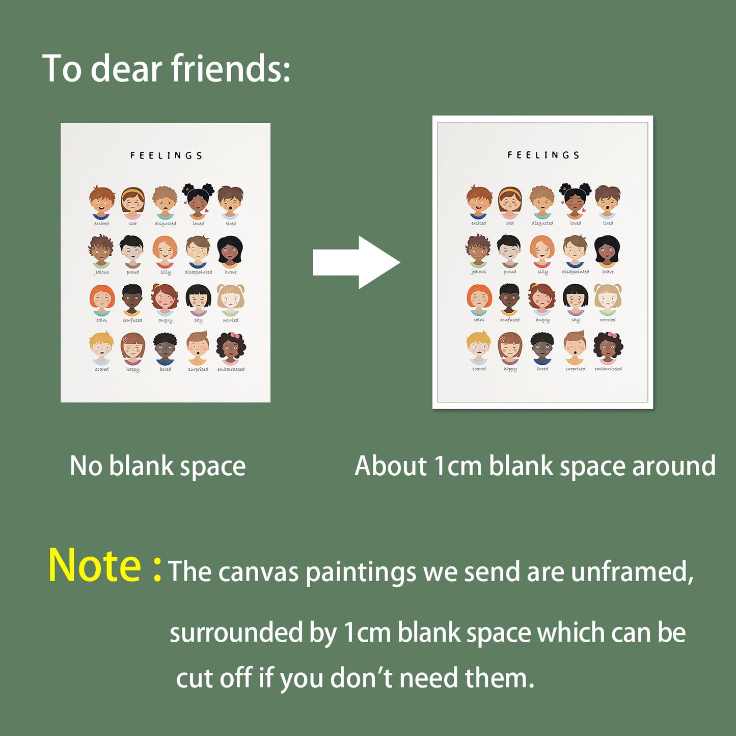 uoyien Feelings Chart And Emotions Poster For kids Mental Health Awareness Canvas Wall Art Special Emotions Faces Calm Corner Prints Classroom Social Worker Office Decor 12x16in Unframed