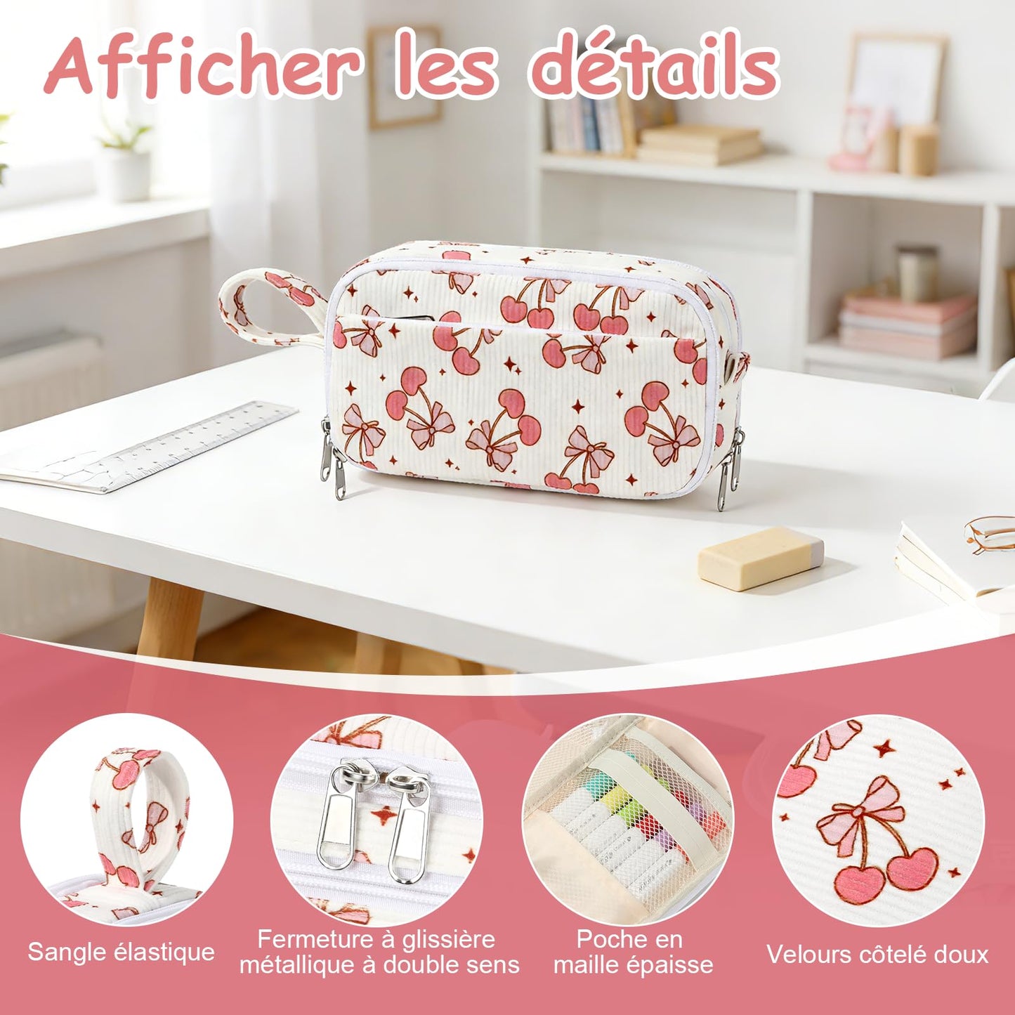 BuyCard Large Capacity Pencil Case, White With Pink Cherry Pattern, Corduroy Pencil Bag with Zipper Closure, Graduation Gift Office Stationery Storage Pen Pouch for Classroom Teacher