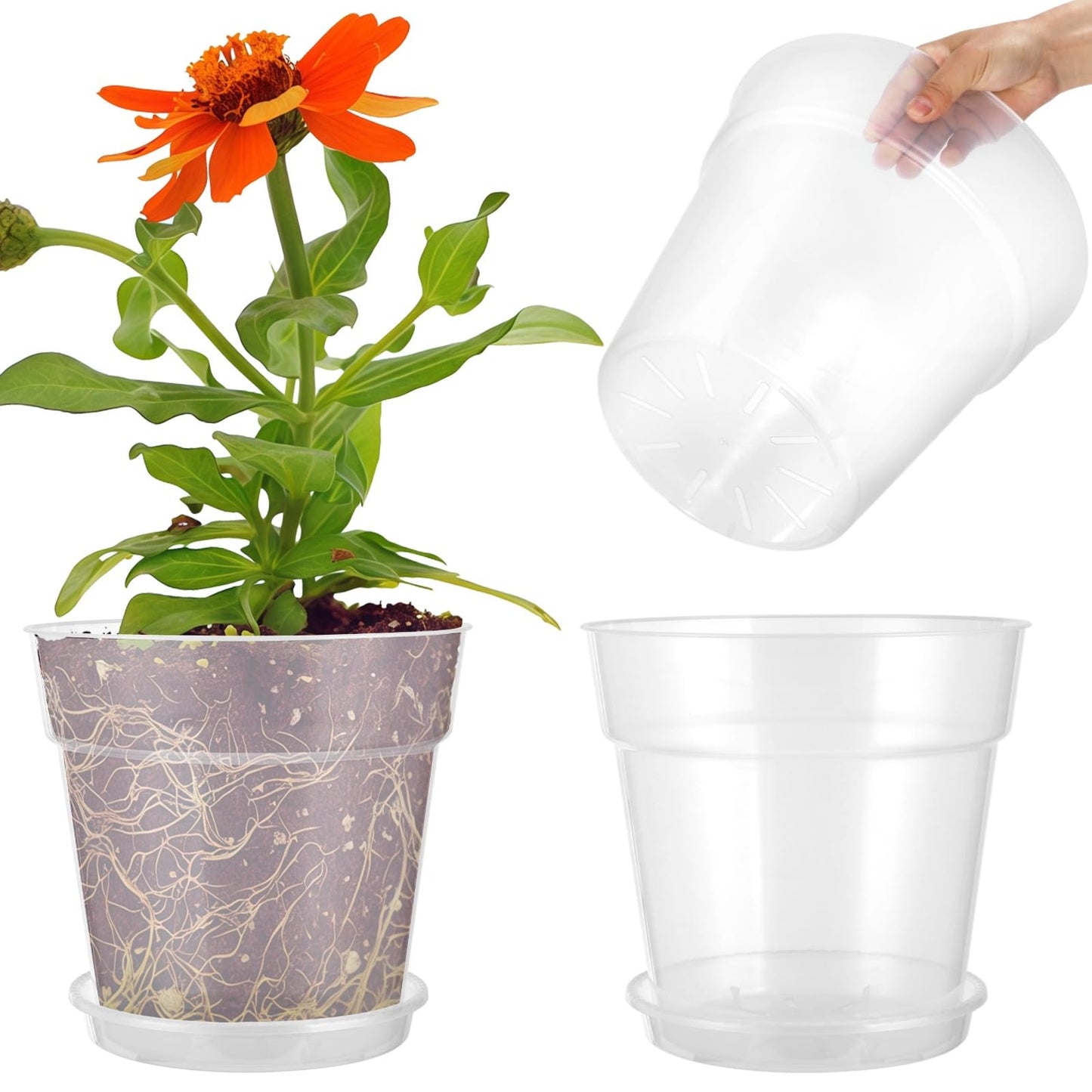 Skdqiee 3 Pcs Clear Nursery Pots Set with Saucers, 11.8 in Plastic Orchid Pots, Large Plant Pot with Drainage Holes, 3.7 Gallon Capacity for Orchids and House Plants