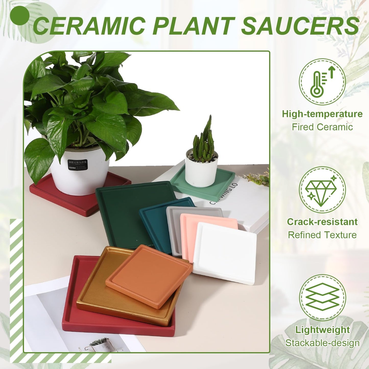 YELARXI 7.5 Inch Ceramic Plant Saucers, Square Flower Planter Water Trays Ceramic Plant Saucer Pot Tray -Fitting for (Outdoor/Indoors/Garden/Planting/Water/Flower/Coffee) Dark Orange