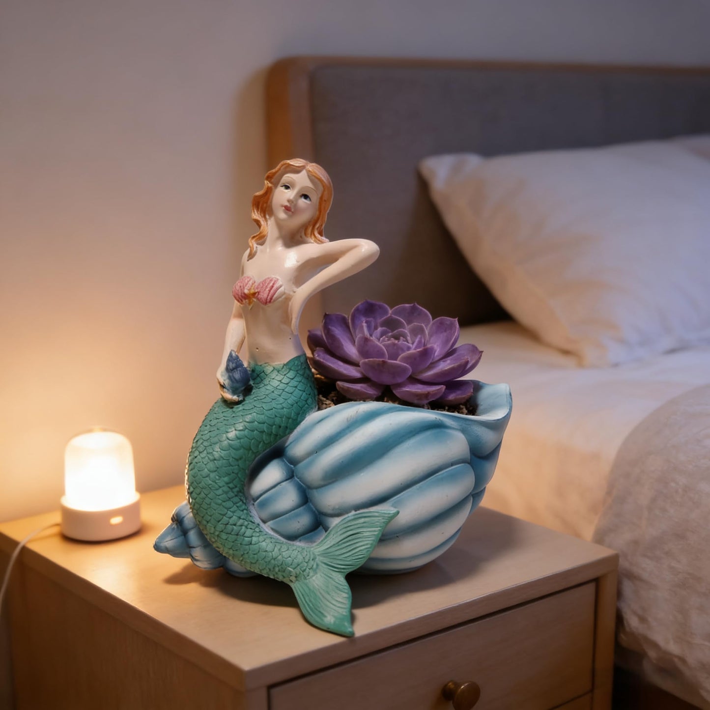 KARSTSYLVA Mermaid Resin Planter Statue, Conch Base Succulent Flower Pot for Home Garden Nautical Decor (Blue)