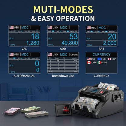 PONNOR N70 Mixed Denomination Money Counter Machine, Value Counting, Cash Counter with Three Displays, UV/MG/IR/MT Counterfeit Detection for Money Counting, Printer Enabled Bill Counter for Business