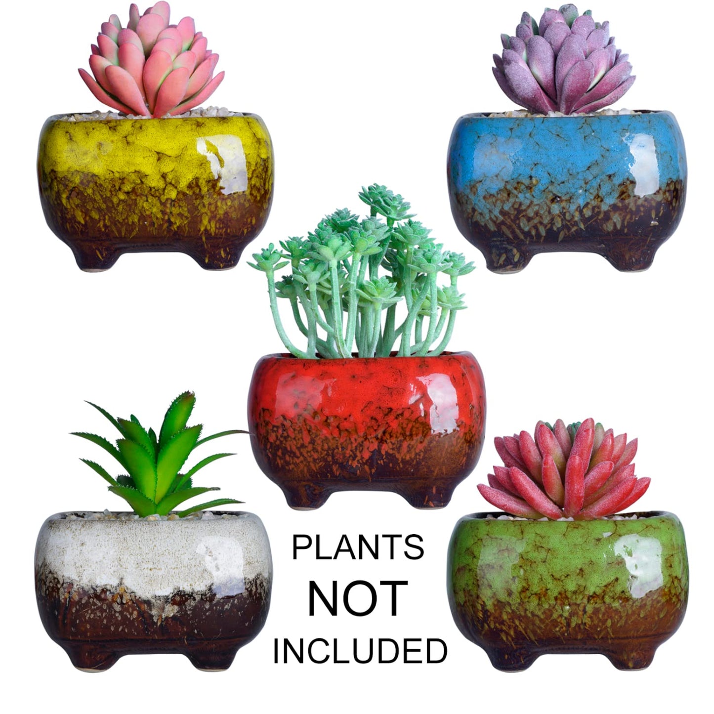 ARTKETTY Succulent Pots - 4.7 Inch Ceramic Succulent Planters Pots with Drainage Set of 5, Rectangular Bonsai Pots with Bamboo Trays Small Pots for Indoor Cactus Flower Plants for Home Office Decor