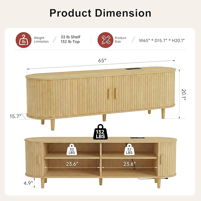 65" Mid Century Modern TV Stand, Wood TV Consoles
