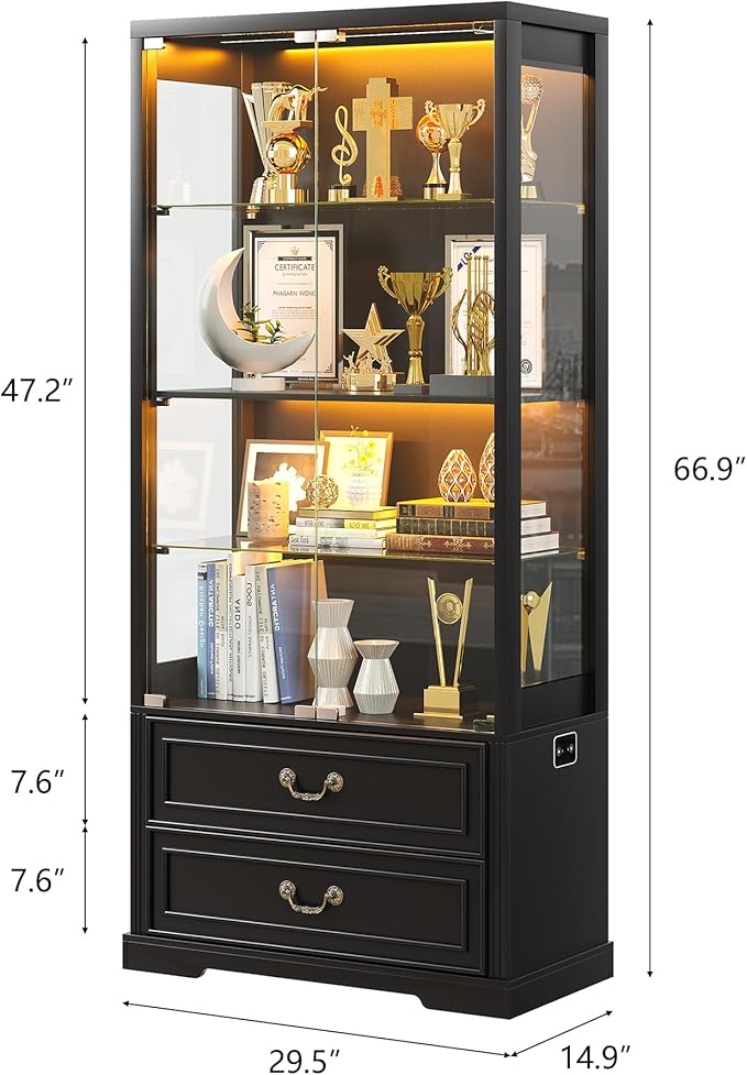 FREDEES Display Cabinet with Glass Doors, Tall Bookcase with 3 Color Lights and