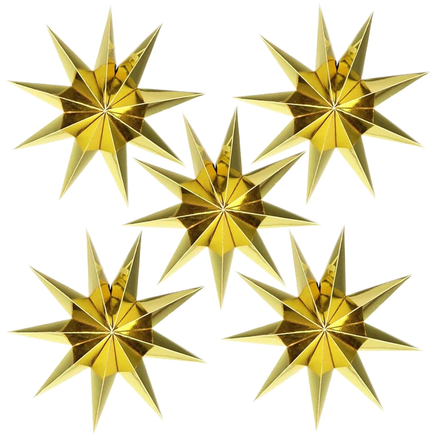 5Pcs Gold Christmas Paper Star,12 Inch Large 9 Pointed Hanging Star Lantern for Xmas Tree,Fireplace,Porch,Birthday Party,Home Decor