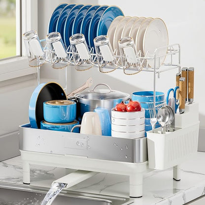 Ewaiira Dish Drying Rack, 2 Tier Large Dish Rack, Stainless Steel Dish Drainer for Kitchen Counter, Dishes Rack with Automatic Drainage, Utensil Holder&Cups Holder,Space Saving Kitchen Organizer,White