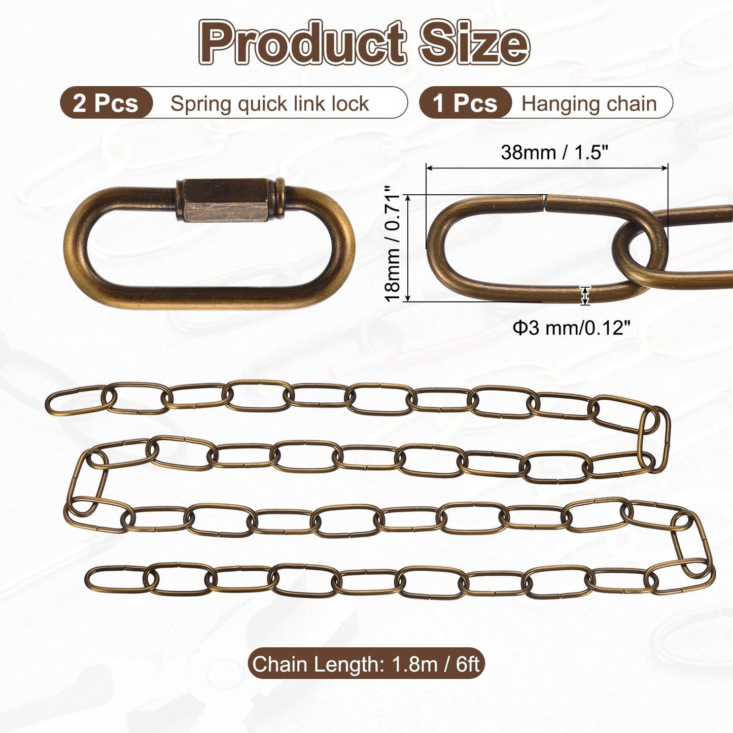 uxcell 6ft Lighting Hanging Chain, 3mm/0.12" Looping Metal Pendant Chandelier Chain Extension with 2 Quick Link Lock for Hanging Plant Pendant Chandelier Light Fixture, Gold Bronze
