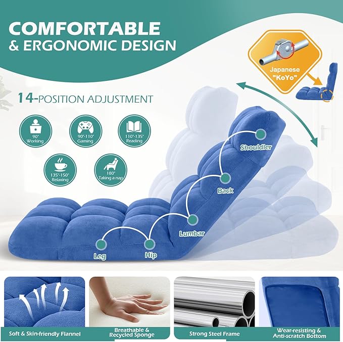 Folding Floor Gaming Chair 14-Poistion Cushioned Adjustable Floor Lazy Sofa