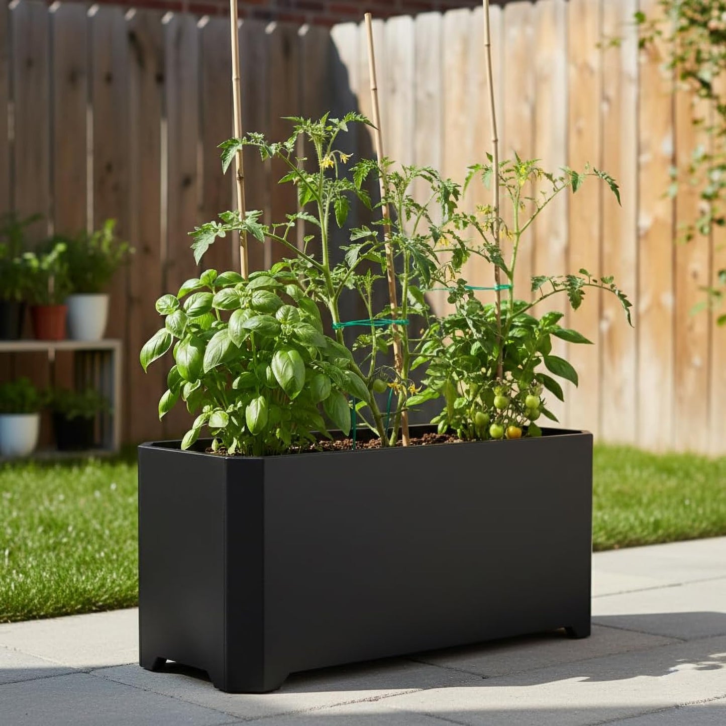 GJWCVL Steel Planter Box-32"x15"x15"-Rectangular Planters for Outdoor Plants, Black Matel Planter Box Raised Support Feet for Patio, Deck, Garden, Yard, Drain Holes, Easy Assembly
