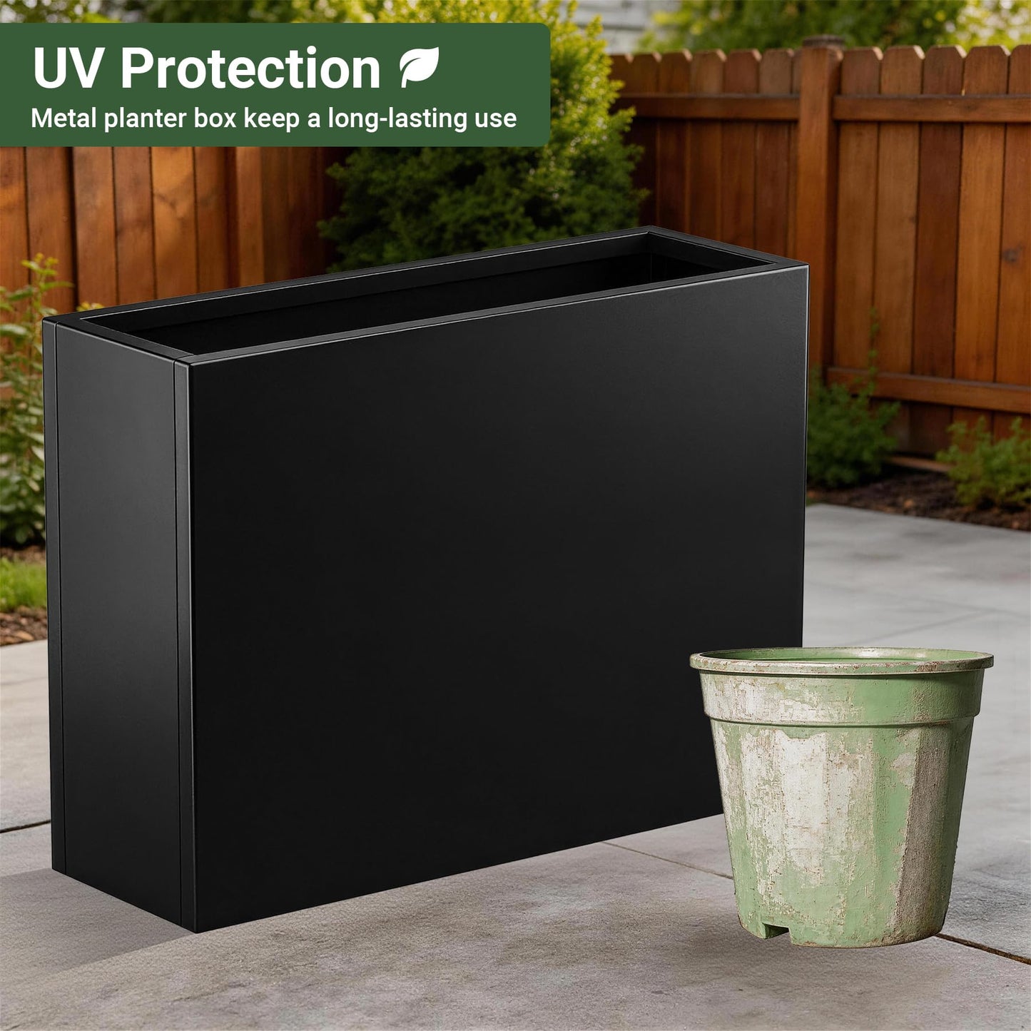 Toriexon 36" Metal Planter Box, Large Rectangular Window Box with Drainage Holes & Rust-Proof Coating, Modern Outdoor/Indoor Flower Box for Balcony, Patio & Herbs, Black