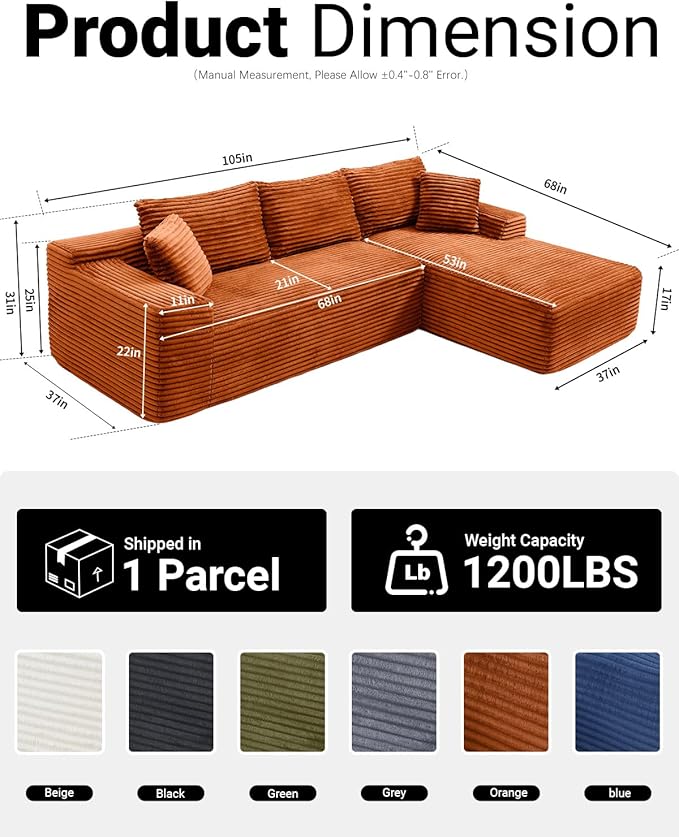 108" Cloud Sectional Couch, Modern Modular Sectional Sofa