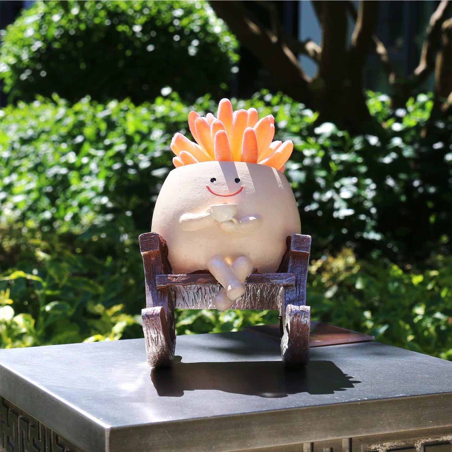 MUZZIOU Smiley Face Planter Pot, Cute Resin Smile Face Flower Head Plant Pot, Creative Flower Pot for Indoor Outdoor Plants, Funny Home Decoration (Drinking Coffee)