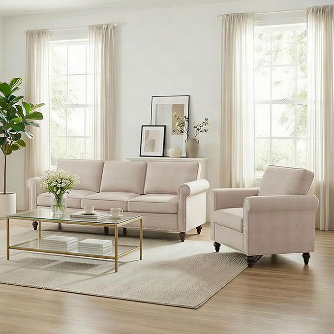 2 Piece Living Room Sofa Sets, Modern 3 Seater Sofa and Armchair Sets, Linen