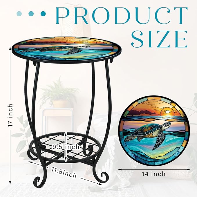 Cinnvoice Outdoor Side Table Round Small Mosaic Patio Accent Indoor End Plant