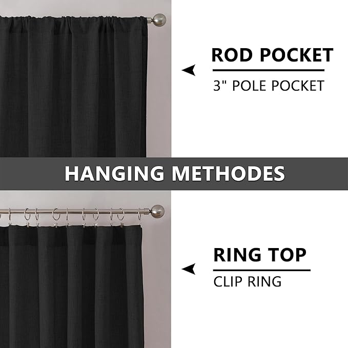 Tollpiz Linen Tier Curtain Rod Pocket Semi Sheer Half Kitchen Curtains Burlap Light Filtering Thick Linen Drape for Bathroom, 30 x 36 inches Long, Black, Set of 2 Panels