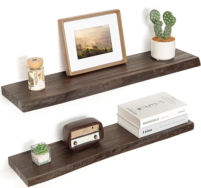 Floating Shelves for Wall Decor, Rustic Solid Elm Wood Live Edge Floating