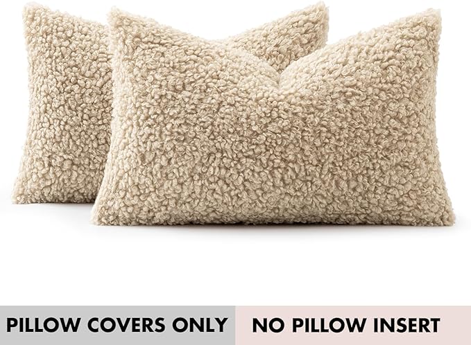 Faux Fur Throw Pillow Covers 20x12 Inch Set of 2 Boucle Neutral Decorative