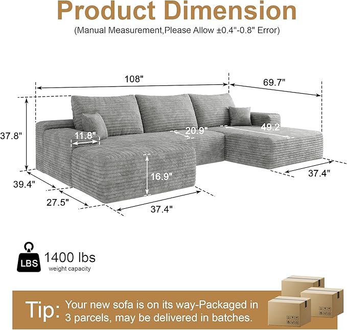 108" Sectional Couches for Living Room Cloud Couch Sofa